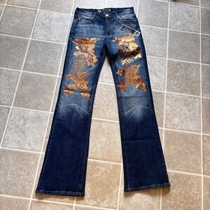 Embroidered Dark Blue Flare Jeans with Metallic Floral Detail